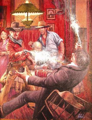 Guy Deel : Depicting a saloon gun fight-paperback book cover illustration